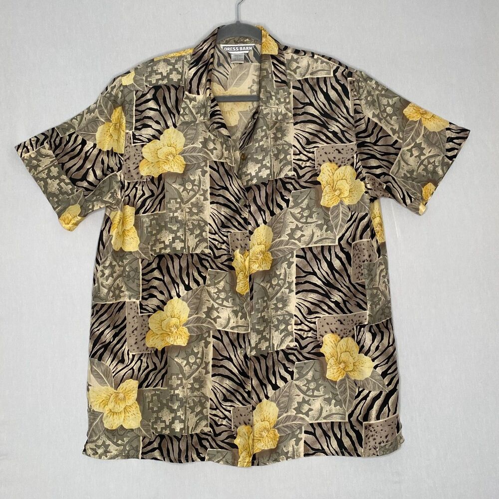 💎Dress Barn Silk Blouse Womens Large Black Yellow Green Floral Animal Print